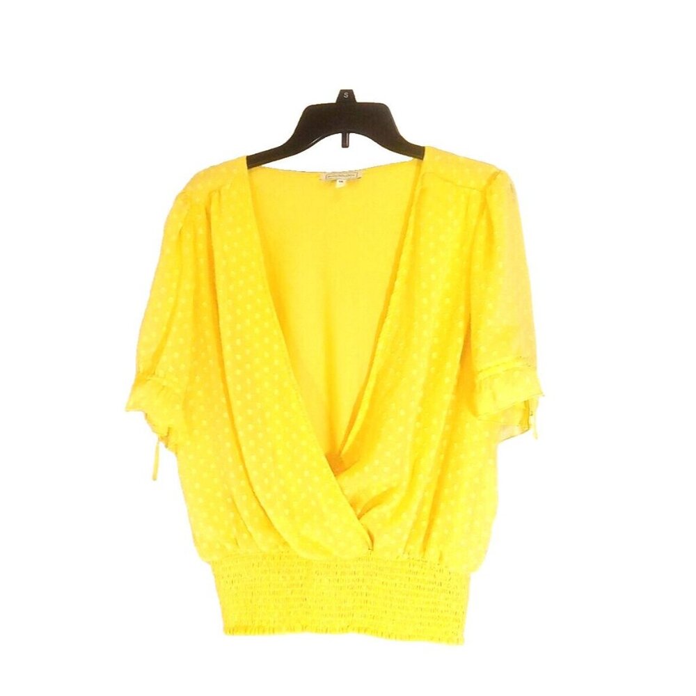 Blousology Top Blouse Womens Sz 1X Yellow Short Sleeves 24x24x10 Elastic Bottom